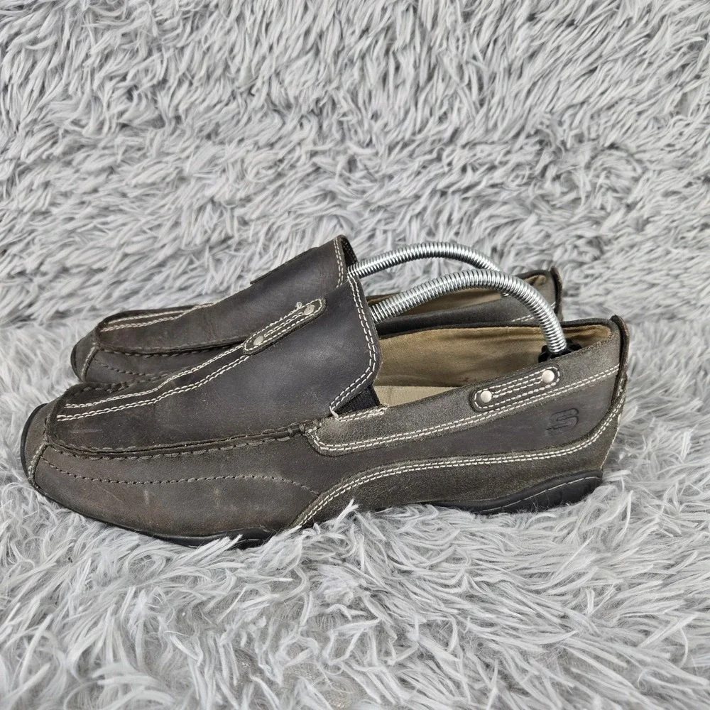 Skechers Mens 10 Charcoal‎ Leather Contrast Stitch Slip On Loafer 62176